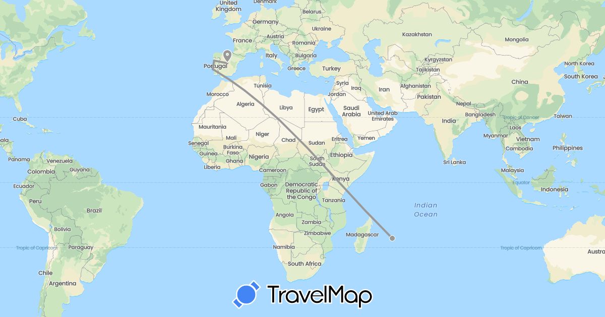 TravelMap itinerary: driving, plane in Spain, Mauritius, Portugal (Africa, Europe)